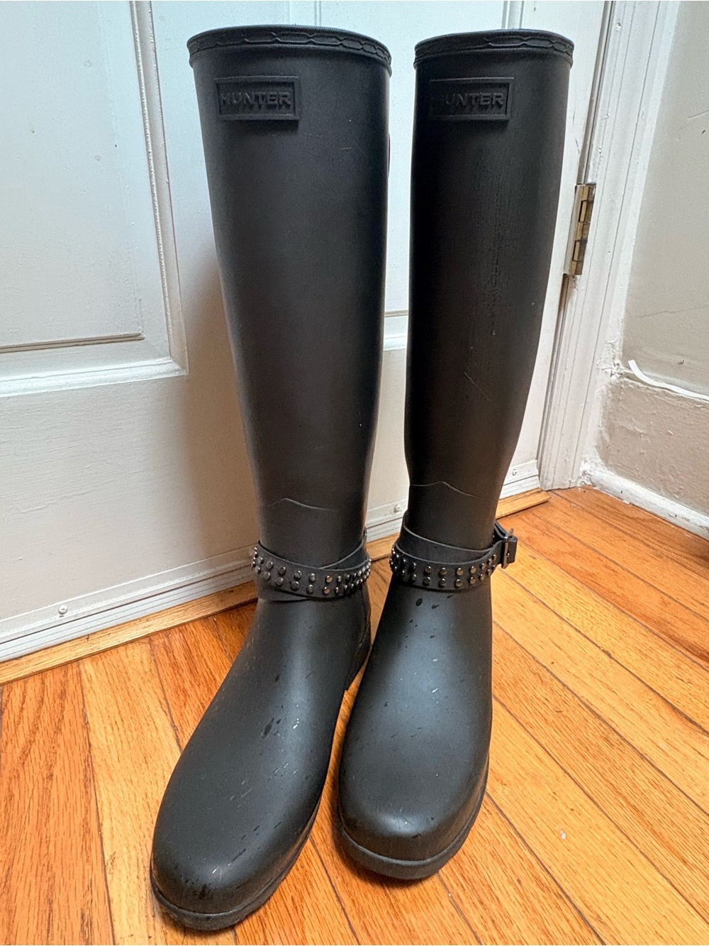 Hunter Black Tall Studded Strap Rain Boots